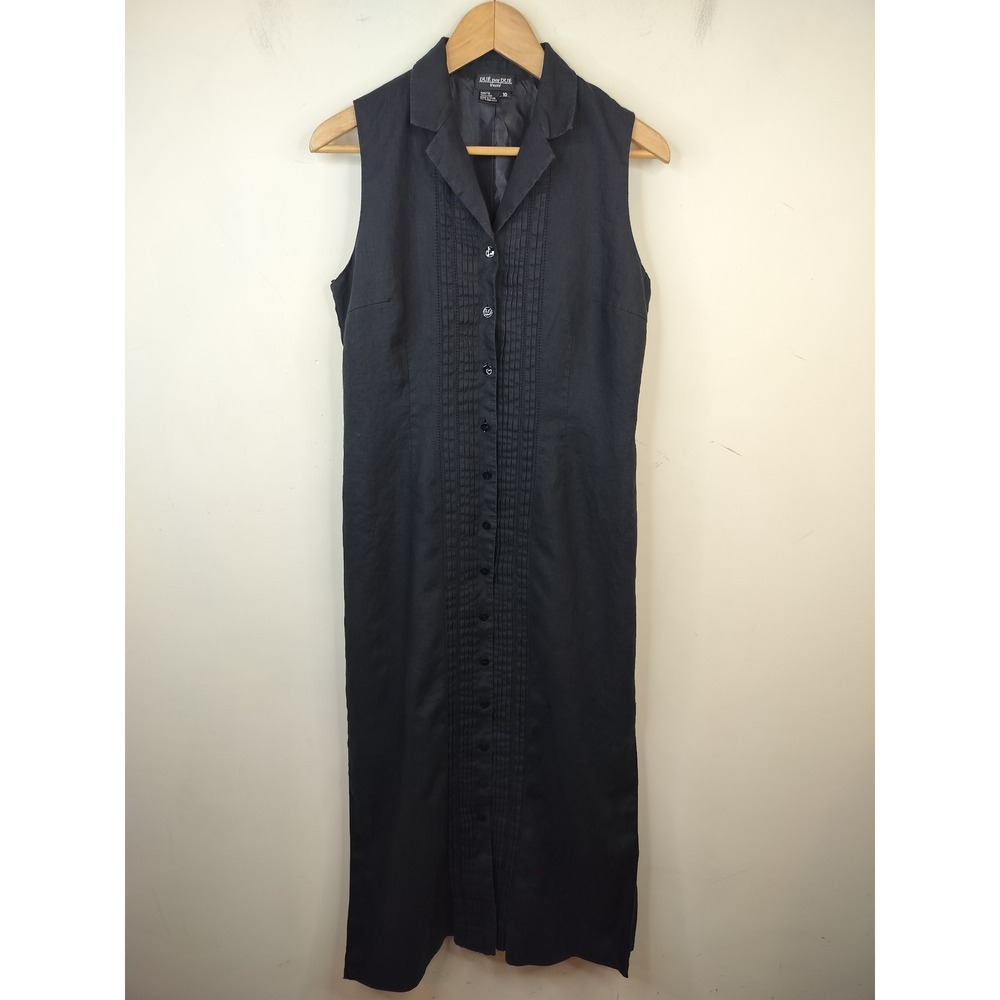 Due per Due Line Maxi Shirt Dress Size 10 Button Front Minimalist Black Pleated